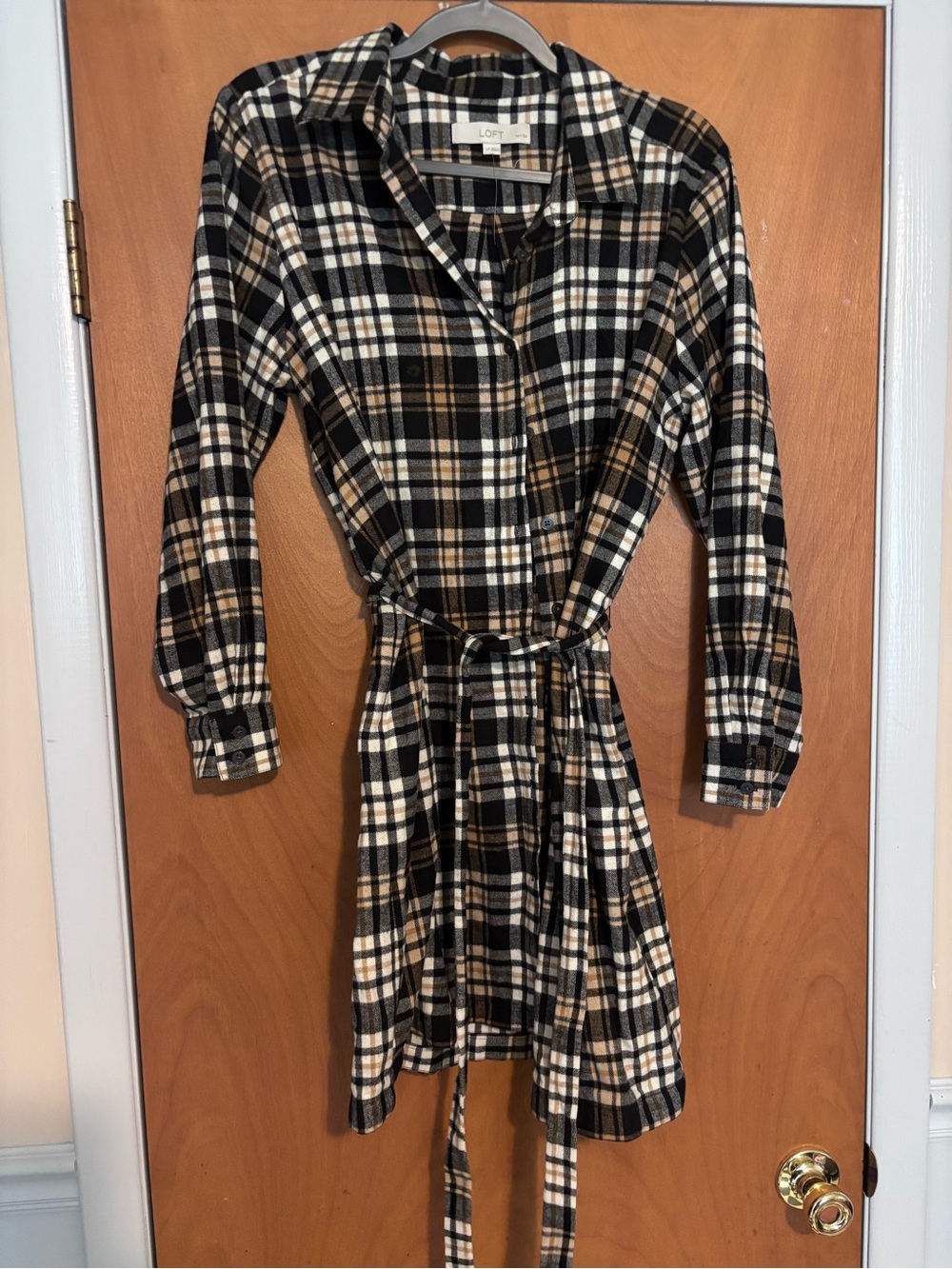 LOFT Black Cream and Tan Plaid Shirt Dress with Tie Waist
